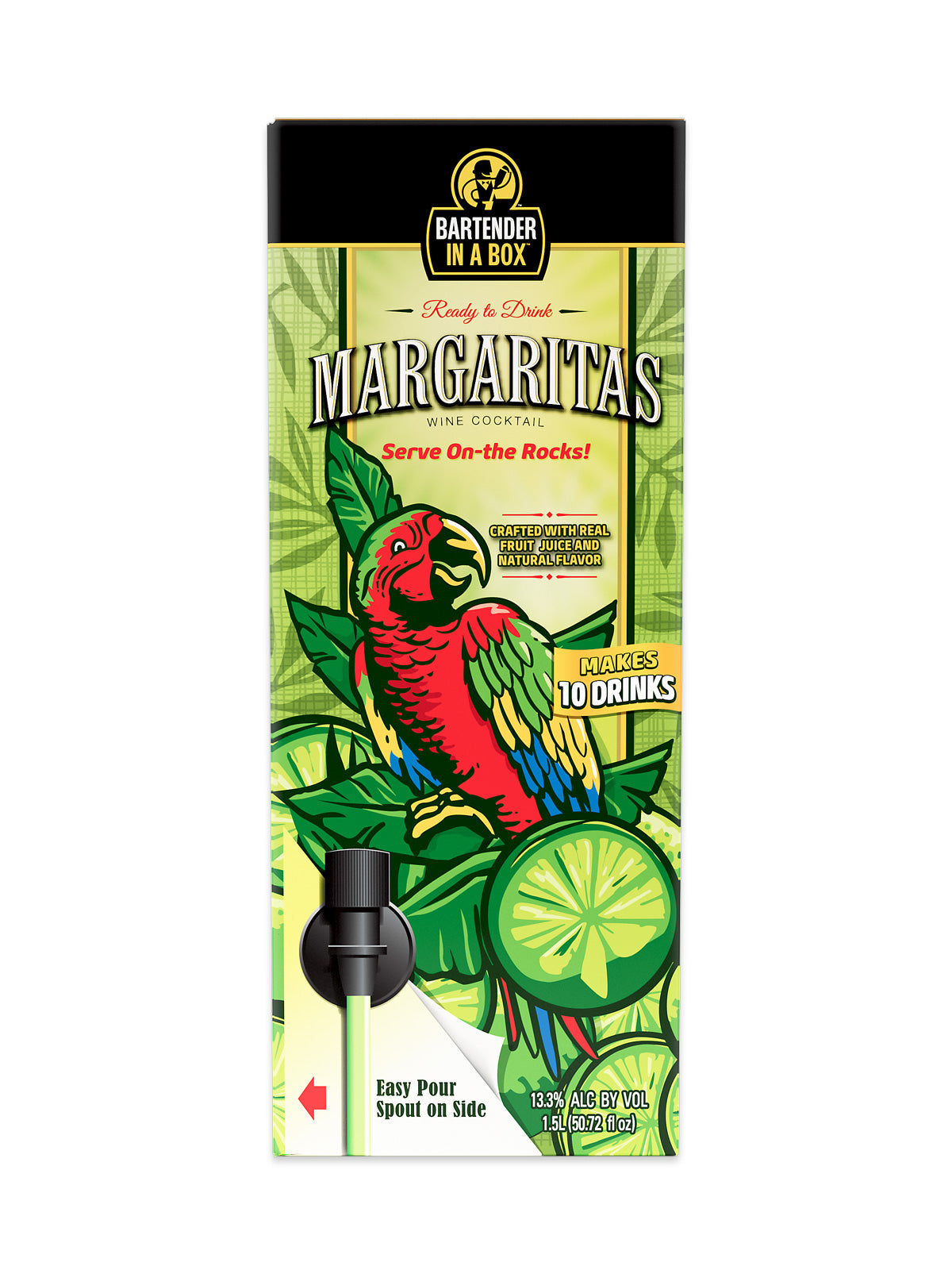 Bartender In A Box Margarita wine cocktail 1.5L box with pour spout and vibrant lime-parrot artwork