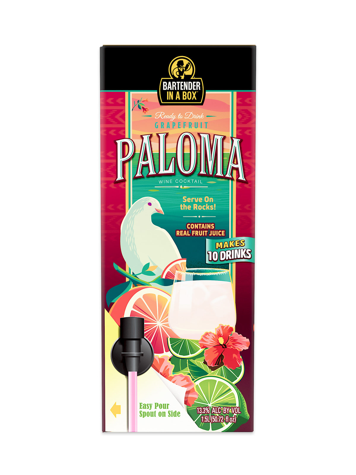 Bartender In A Box Paloma wine cocktail 1.5L pack with grapefruit, lime, and floral illustrated design
