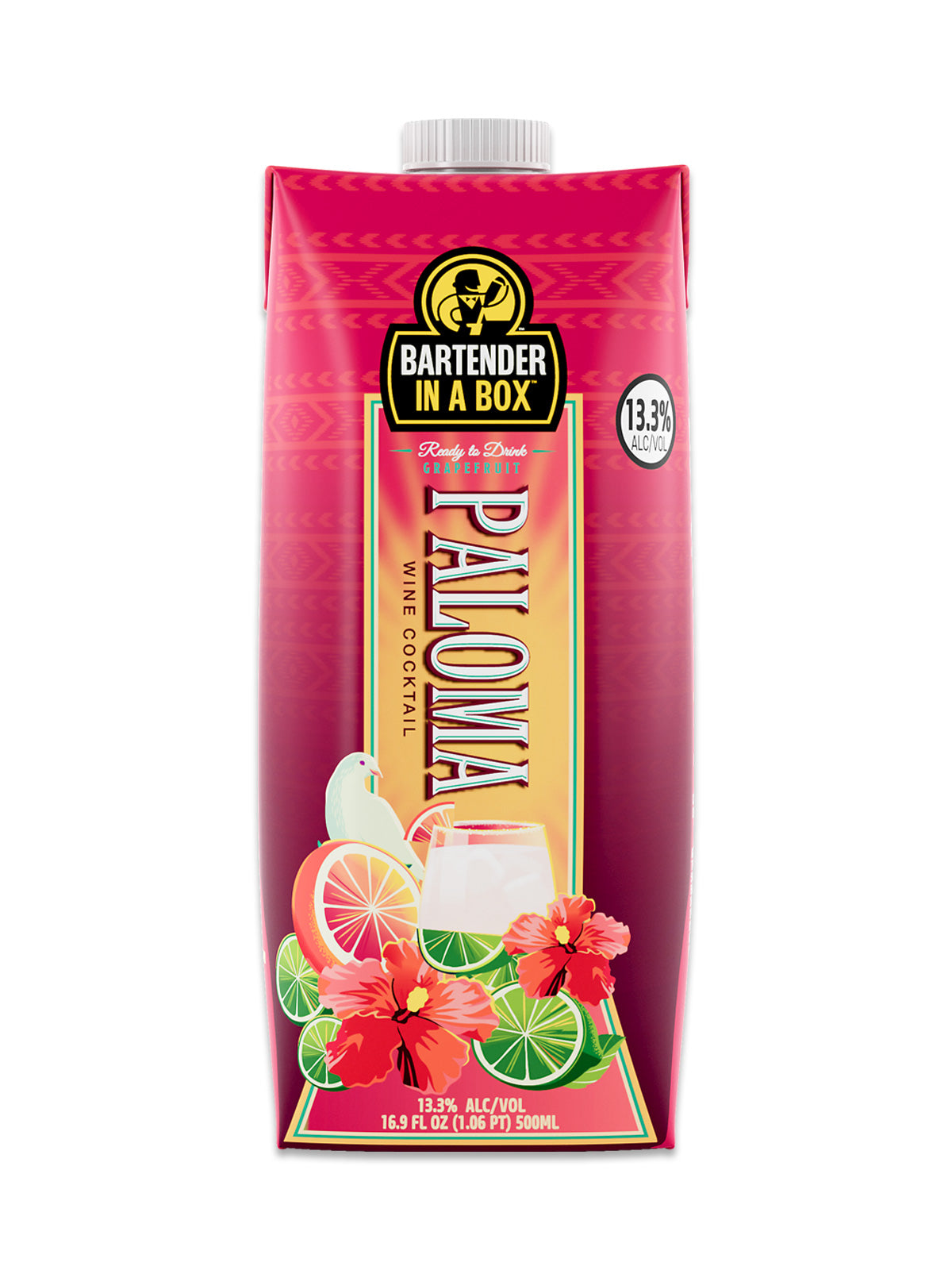 Bartender In A Box Paloma wine cocktail 500ml carton with grapefruit, lime, and hibiscus floral design