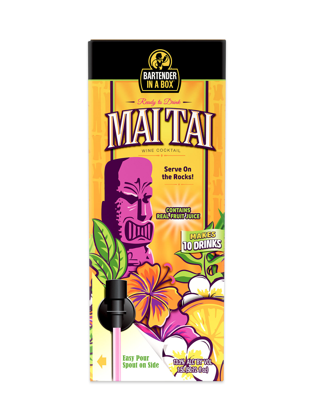 Bartender In A Box Mai Tai wine cocktail 1.5L box featuring tiki statue design and tropical fruit graphics
