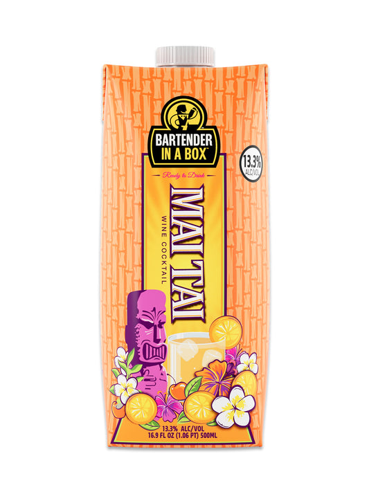 Bartender In A Box Mai Tai wine cocktail 500ml carton with orange, passionfruit, and tropical flower illustration